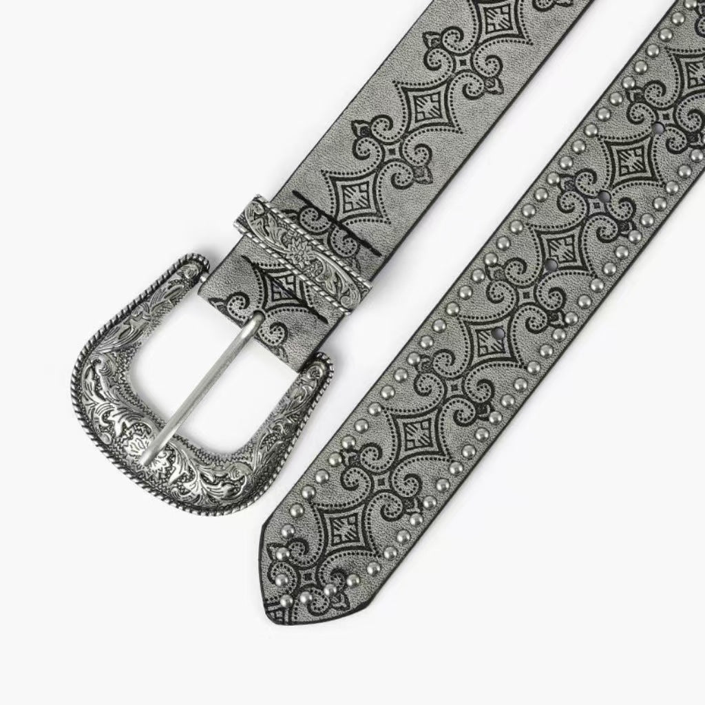 Fashion Floral Embossed Studded Leather Belt MK2LEEP6W6JBT37