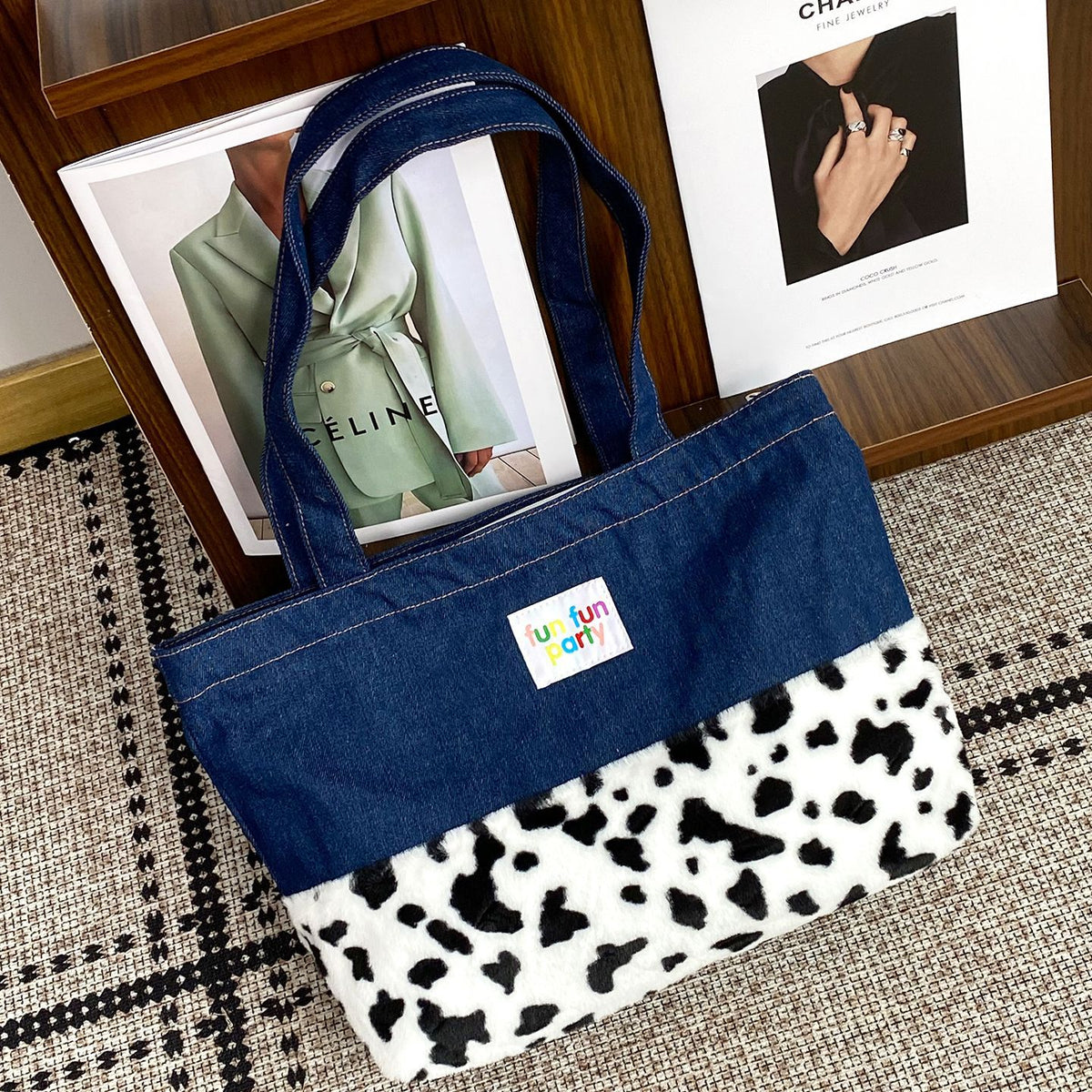 Cow Print Denim Tote Bag - DippedShop Wholesale - #3763