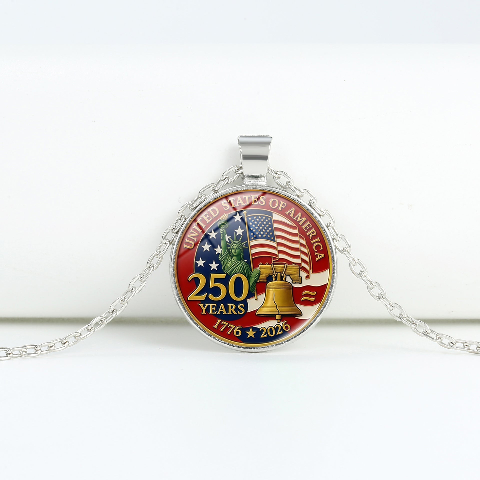 Retro USA Flag Pattern Round Pendant Chain Necklace 8ZA6JNC278T