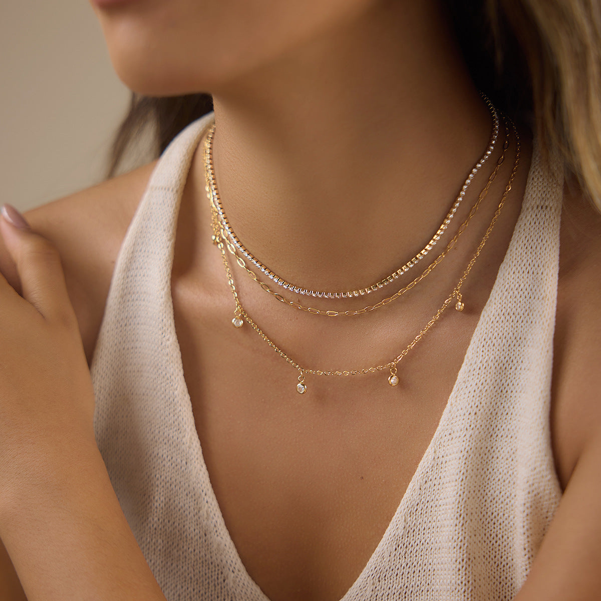Gold Plated Rhinestone Layered Necklace - DippedShop Wholesale - #2563