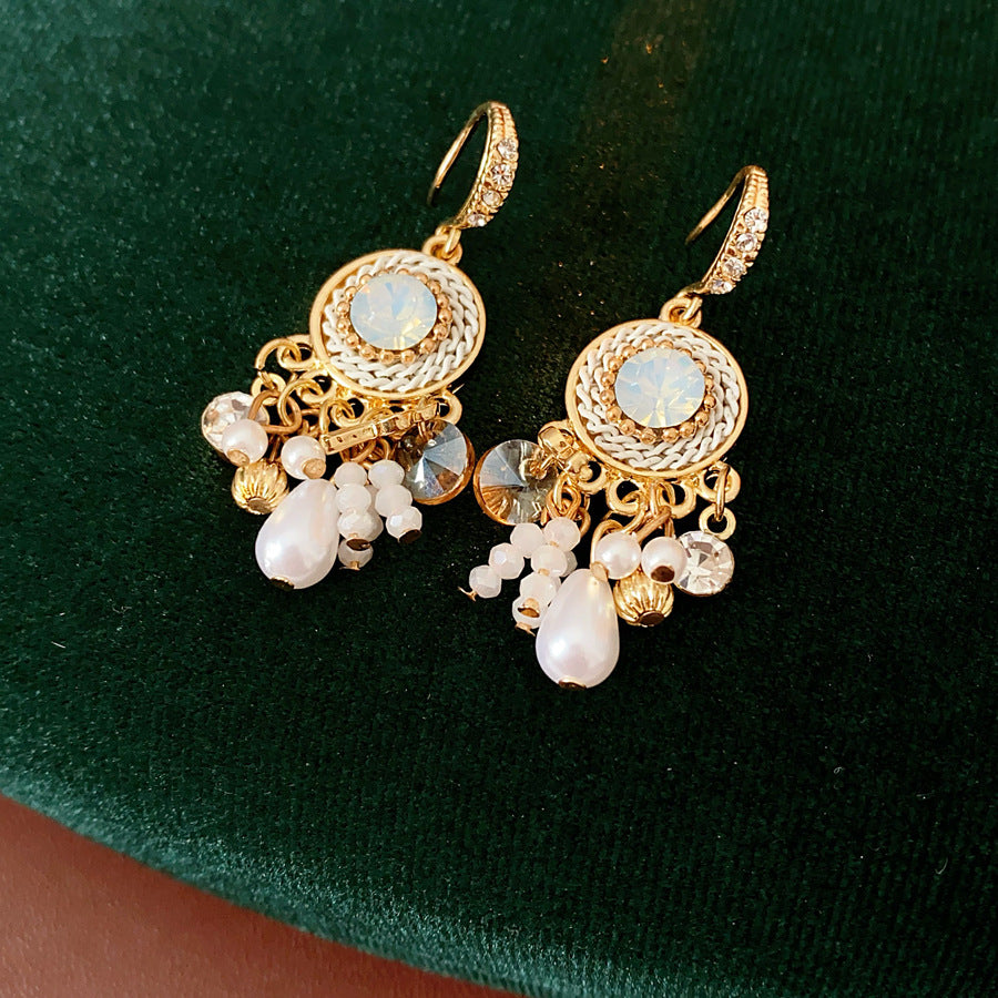 Vintage Rhinestone Pearl Tassel Drop Earrings 6W6JER728