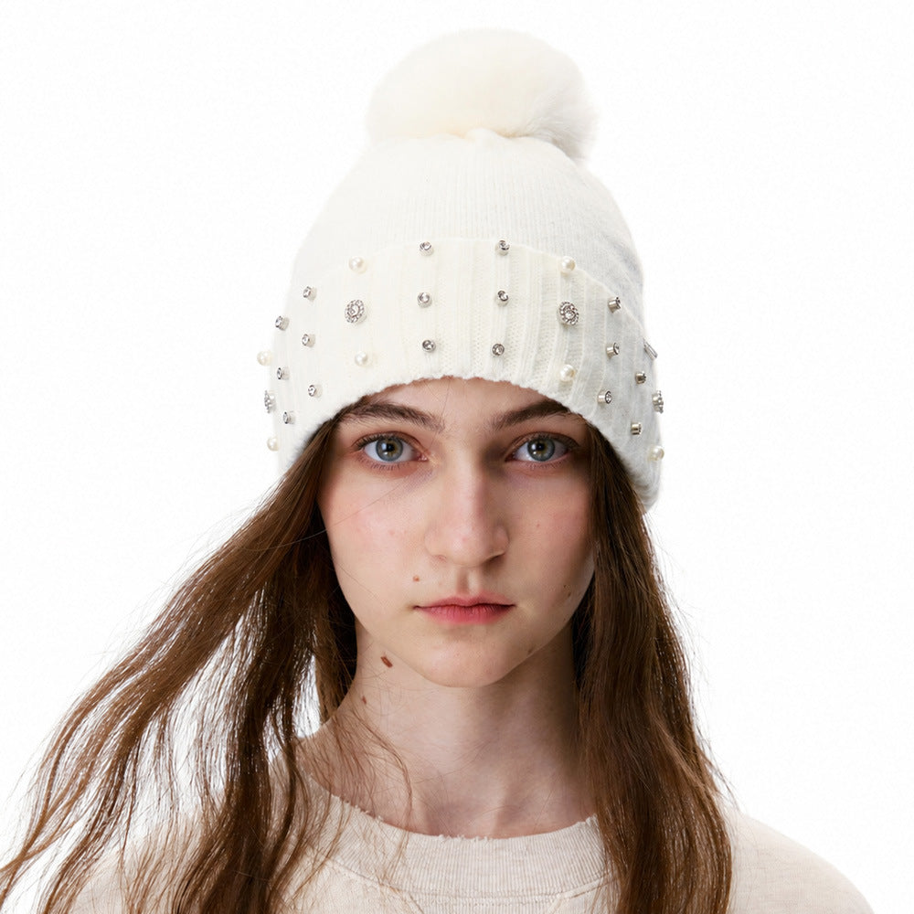 Cute Pom Rhinestone Wool Blend Knit Beanie 6W6HAT644