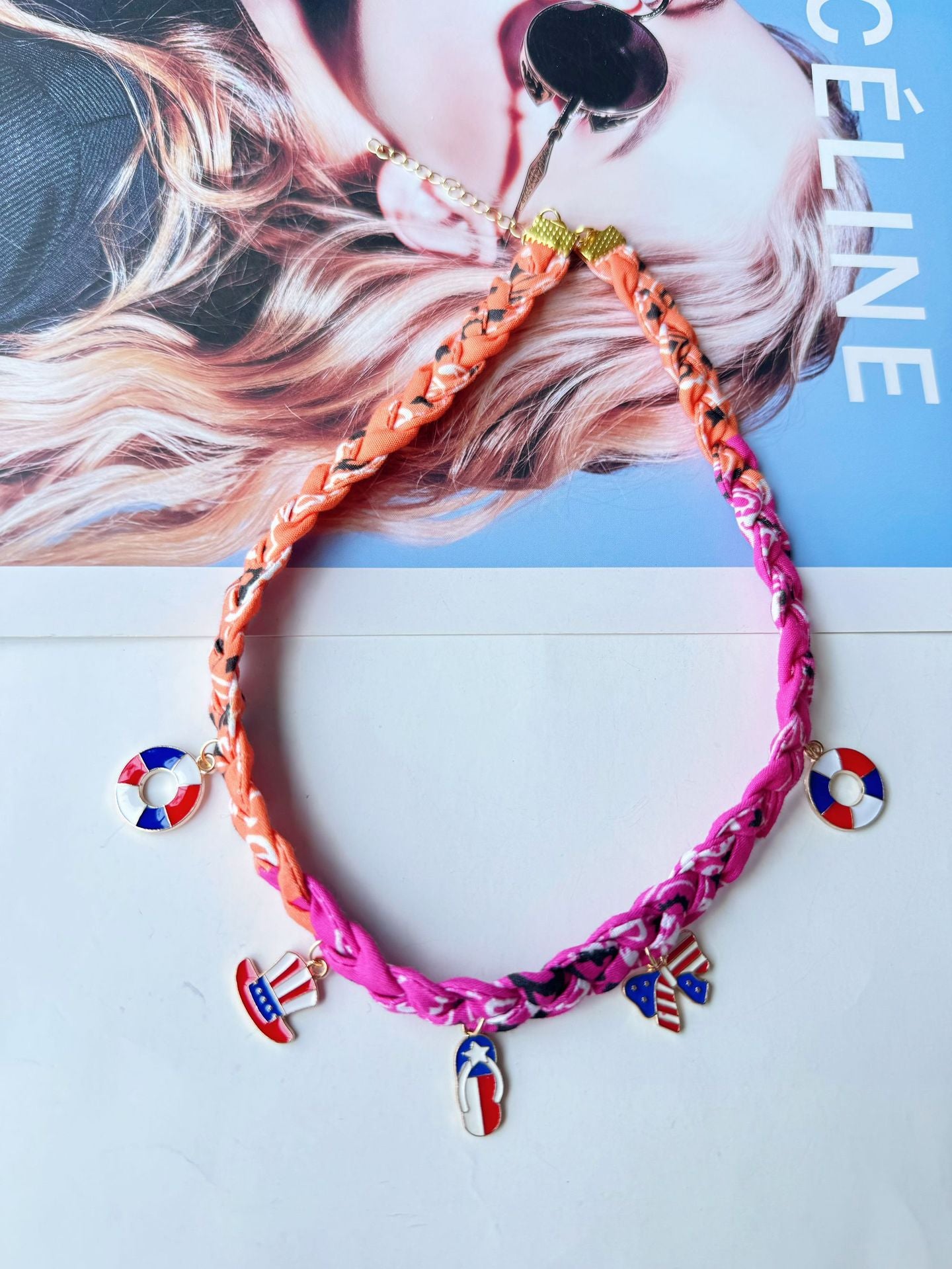 Hand Woven USA Flag Umbrella Pendant Choker Necklace 8ZA6JNC287T