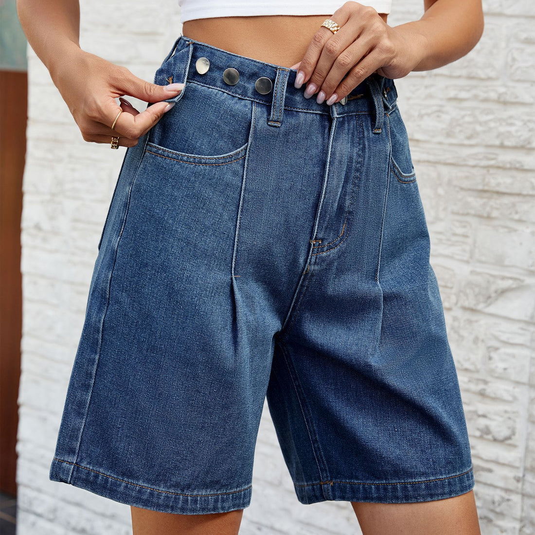 Casual Washed High Waist Bermuda Shorts DP25B695