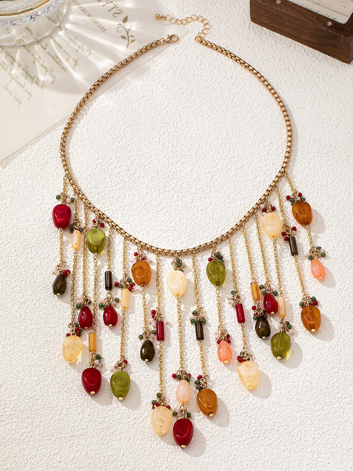 Stylish Gold Plated Beaded Tassel Choker Necklace 6W6JNC616