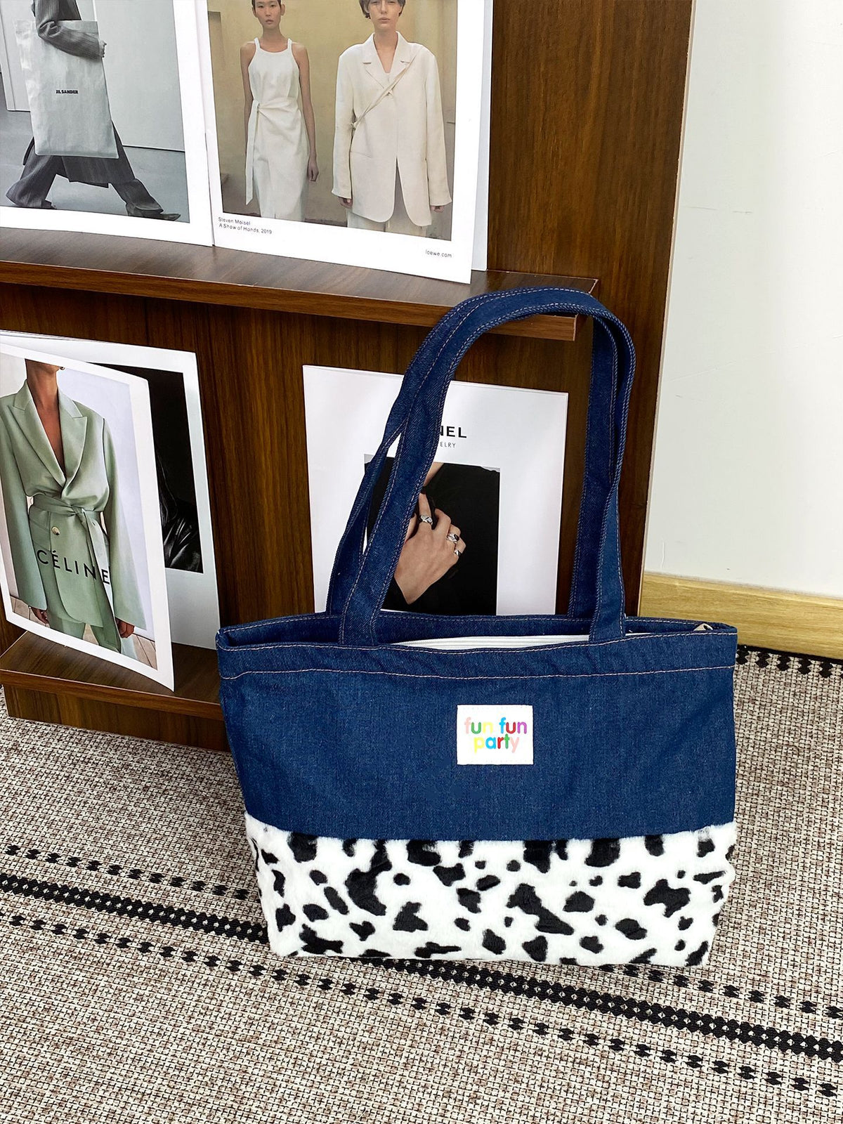 Cow Print Denim Tote Bag - DippedShop Wholesale - #6531