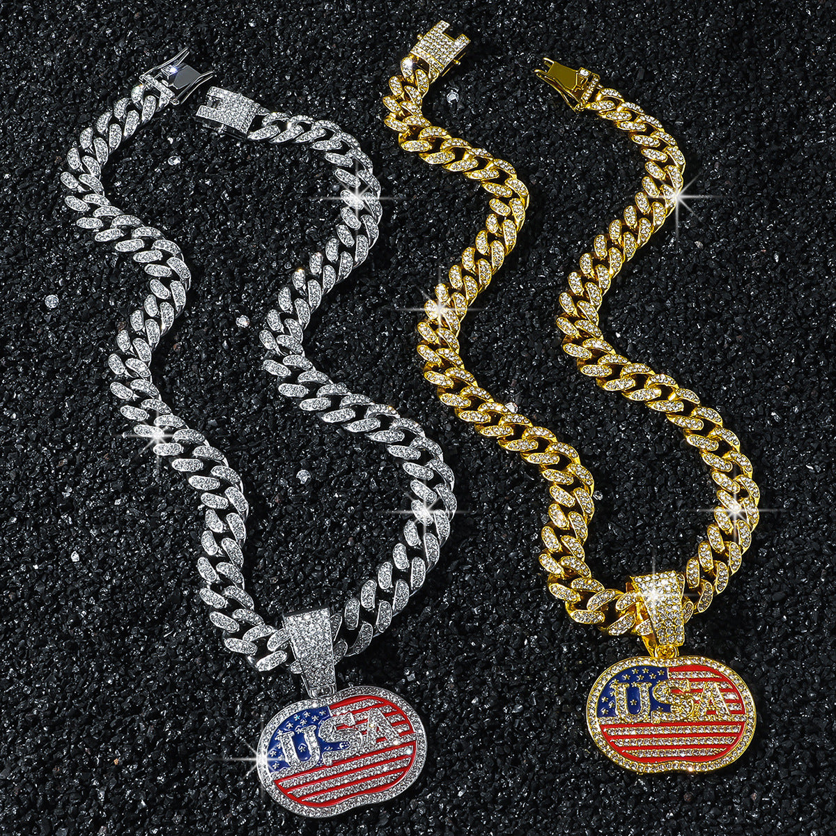 Hiphop USA Flag Pattern Pendant Chain Necklace 8ZA6JNC282T