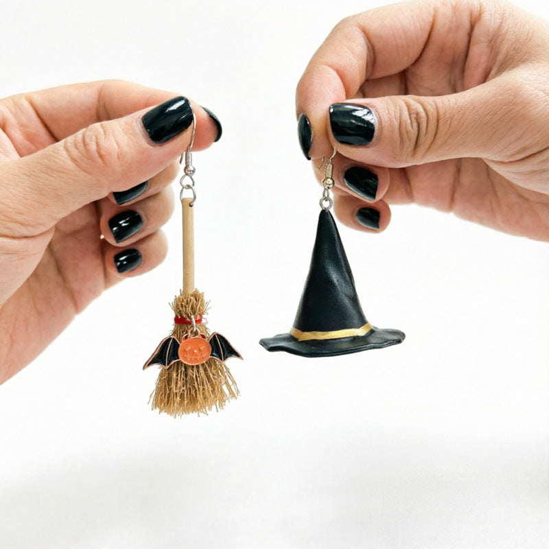 Halloween Witch Hat Broom Asymmetrical Dangle Earrings 6W6JER546