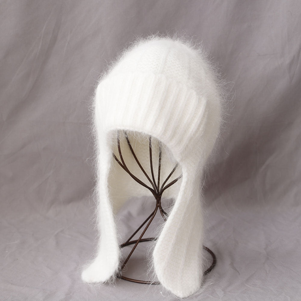 Fuzzy Angora Rabbit Fur Earflap Knit Beanie 6W6HAT691