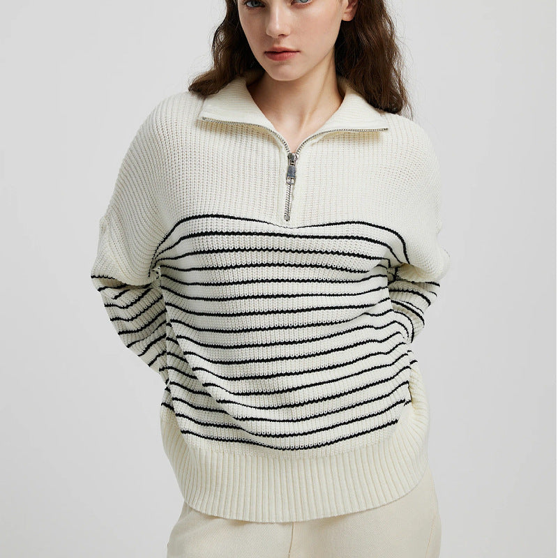 Striped Zipper High Collar Sweater DPT0807