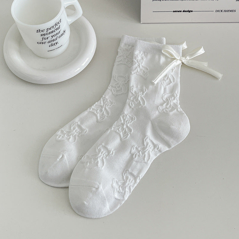 Cute Bowknot 3D Bear Solid Color Crew Socks 6W8FSO539