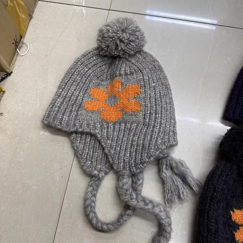Cute Flower Braided Tassel Knit Beanie Hat 6W6HAT717