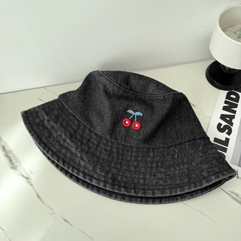Cute Bowknot Cherry Embroidery Denim Bucket Hat MK2BW6W6HAT70