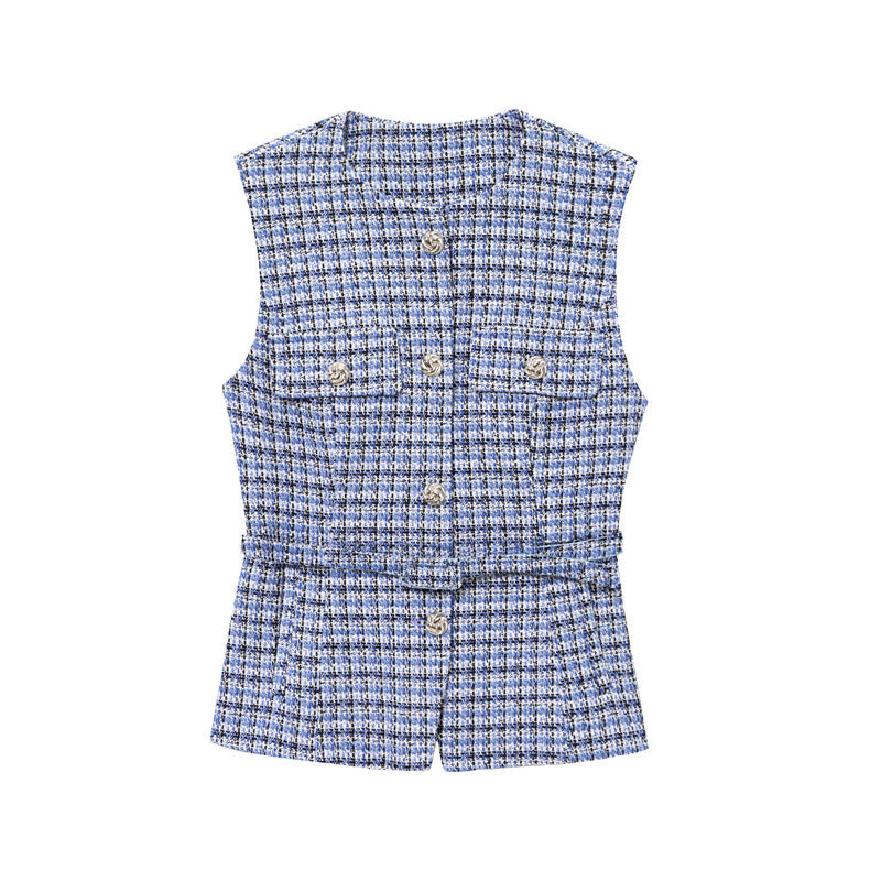 Elegant V-Neck Sleeveless Belt Waist Knit Vest DP25E915