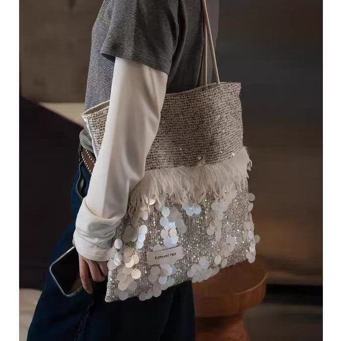 Elegant White Feather Sequin Tote Shoulder Bag 6S10BBG1468