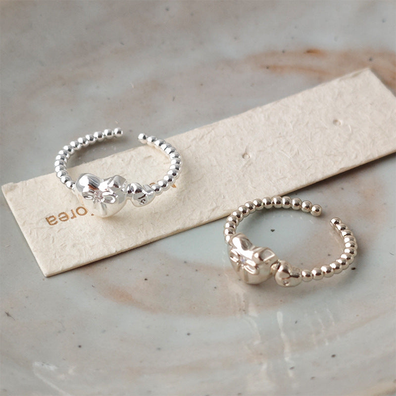 Heart Bowknot Beaded Open Ring - DippedShop Wholesale - #9763