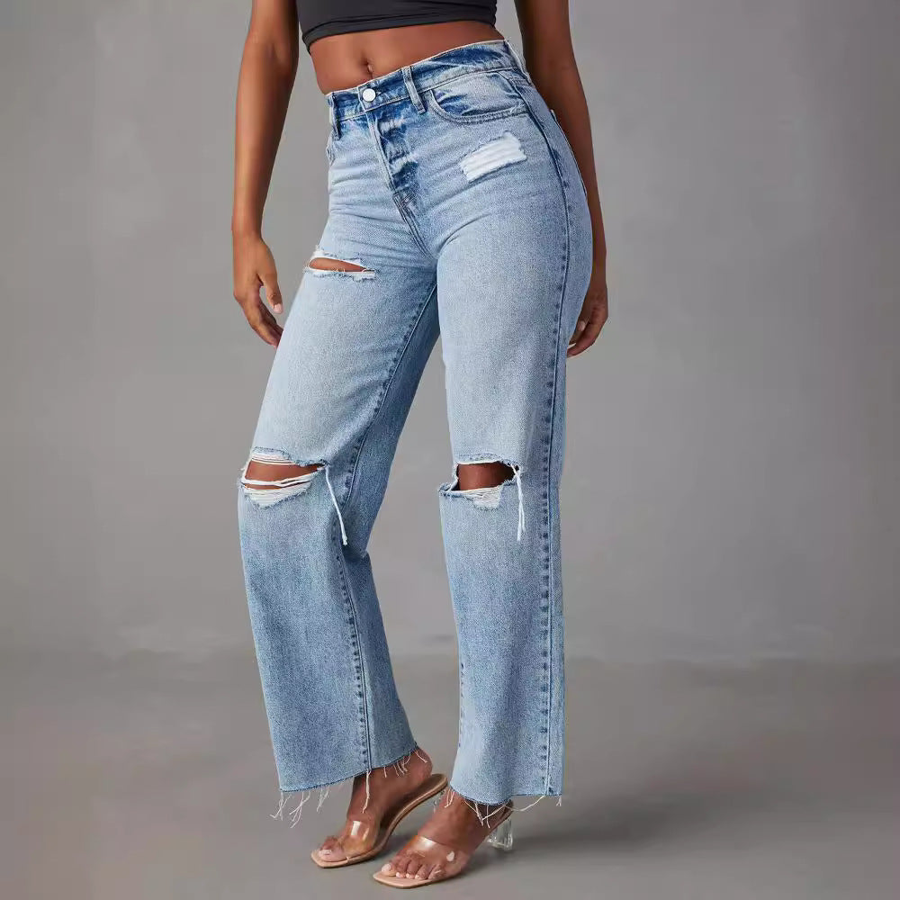 Ripped Denim Pant Straight Leg High Waist Jeans DPP3013