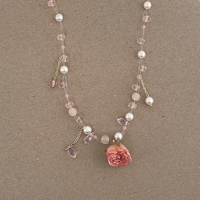 Vintage Pink Rose Flower Pearl Choker Necklace 6W6JNC385L