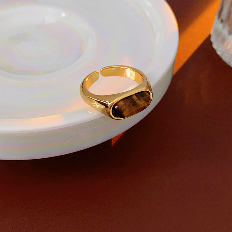 Vintage Gold Plated Oval Tiger Eye Open Ring 6W6JRG359