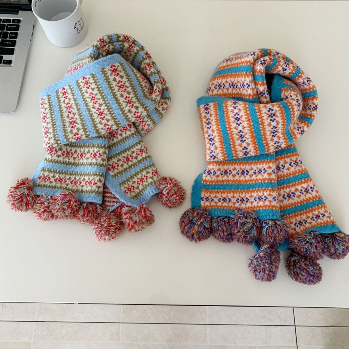 Fair Isle Pompom Knit Scarf - DippedShop Wholesale - #8099