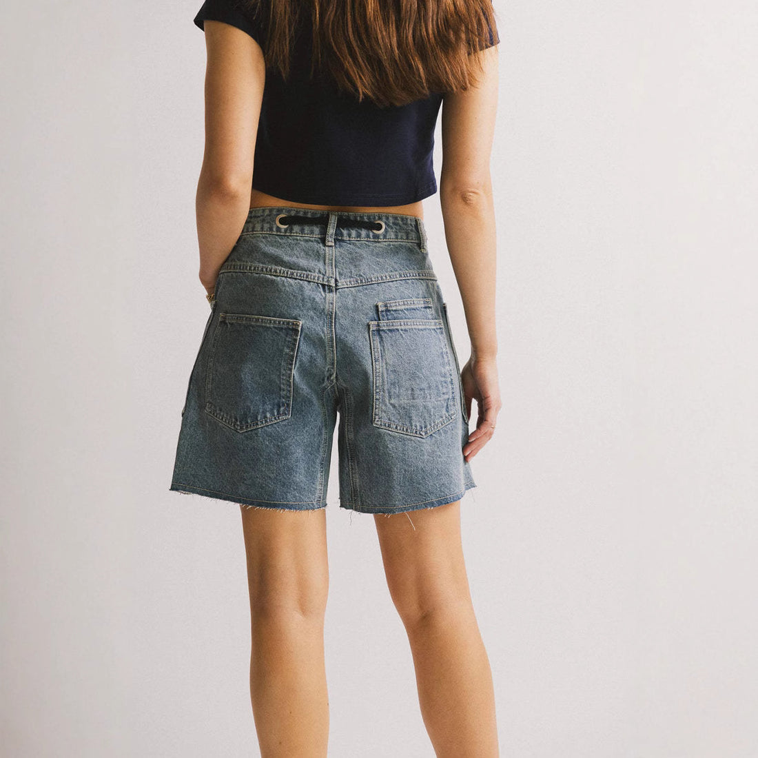 Washed Drawstring Pockets Denim Shorts DP25F431