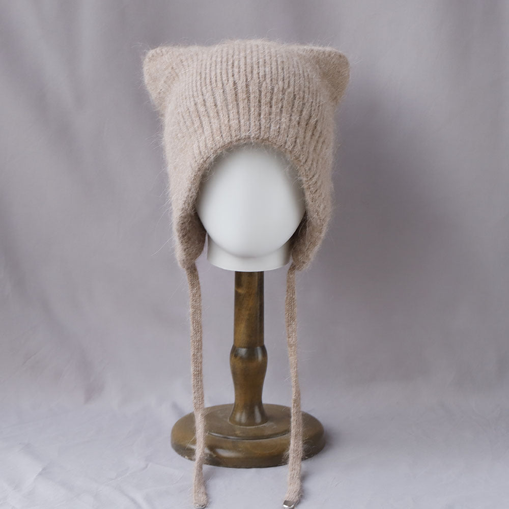 Soft Fuzzy Earflap Knit Beanie with Ties 6W6HAT693