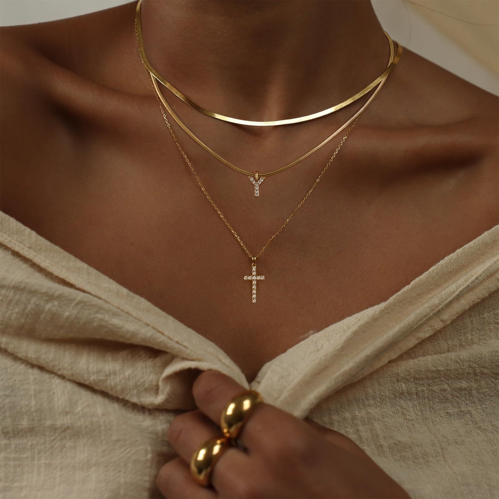 3-Pcs Multi-Layered Cross Pendant Snake Chain Necklace 6W6JNC401L