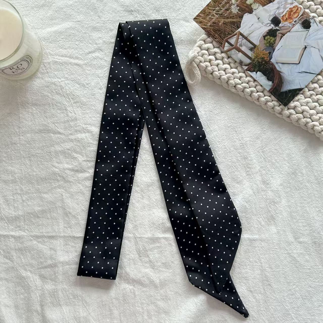 Retro Polka Dots Narrow Lightweight Silk Scarf MK2BLW6W6NSI62
