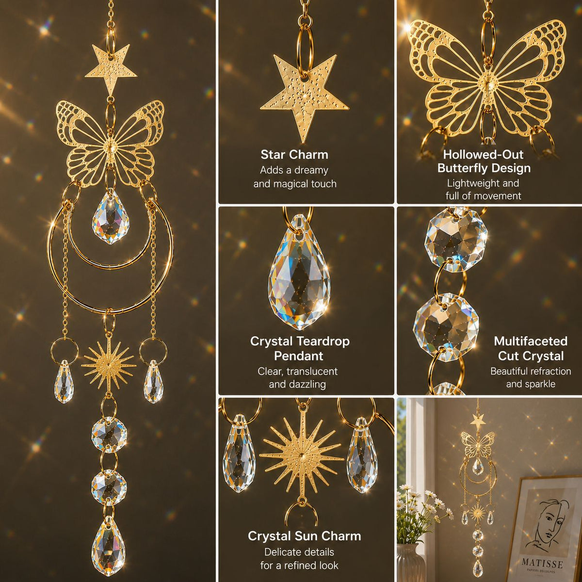 Elegant Butterfly Pendant Crystal Sun Catcher Wind Chime 6H7HLS205