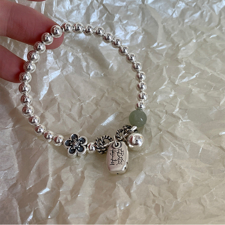 Chunky Silver Flower Stone Charm Beaded Bracelet 6W6JBR334