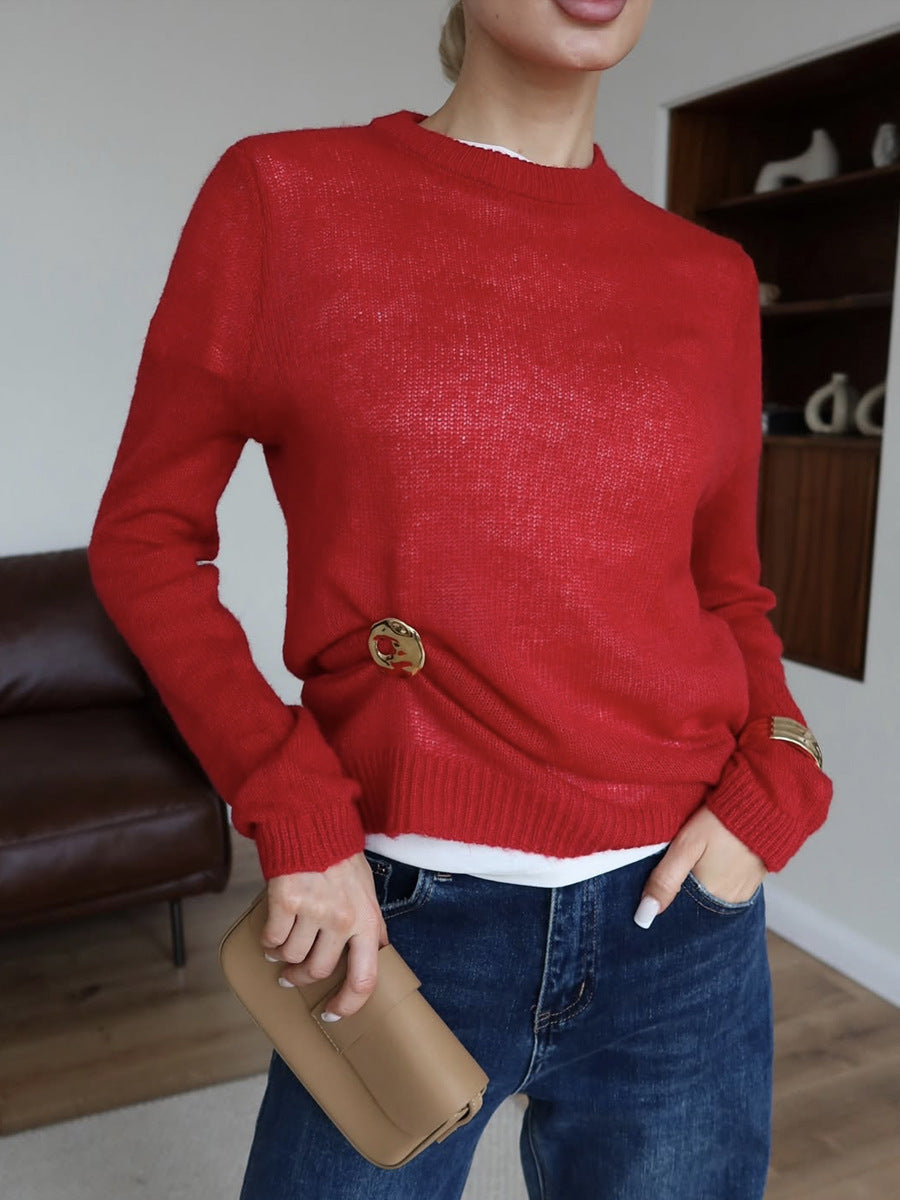 Simple Sheer Round Neck Long Sleeve Knit Top DP25E431