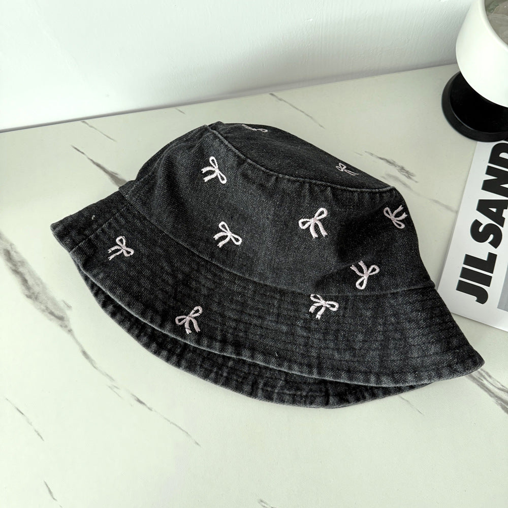 Cute Bowknot Cherry Embroidery Denim Bucket Hat MK2BW6W6HAT70