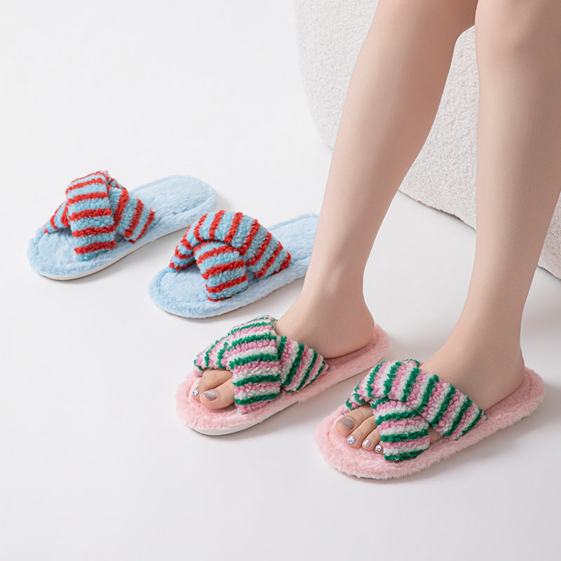 Soft Striped Plush Slippers - DippedShop Wholesale - #5123