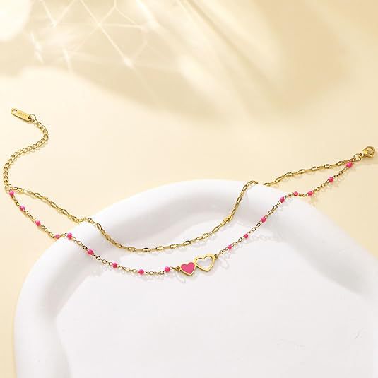 Cute Enamel Gold Plated Heart Charm Beaded Bracelet 6W6JBR381