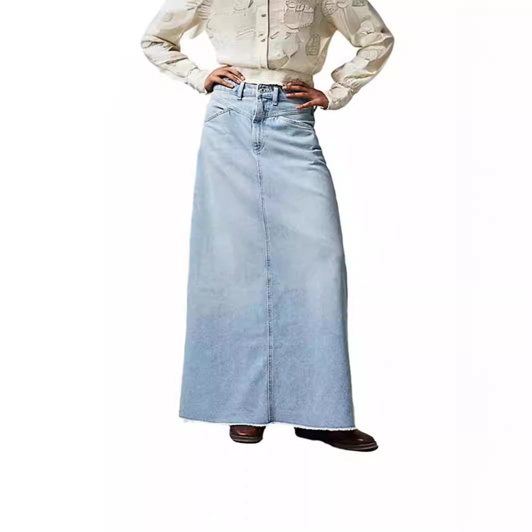 Washed Raw Hem Casual Denim Maxi Skirts DP25C468
