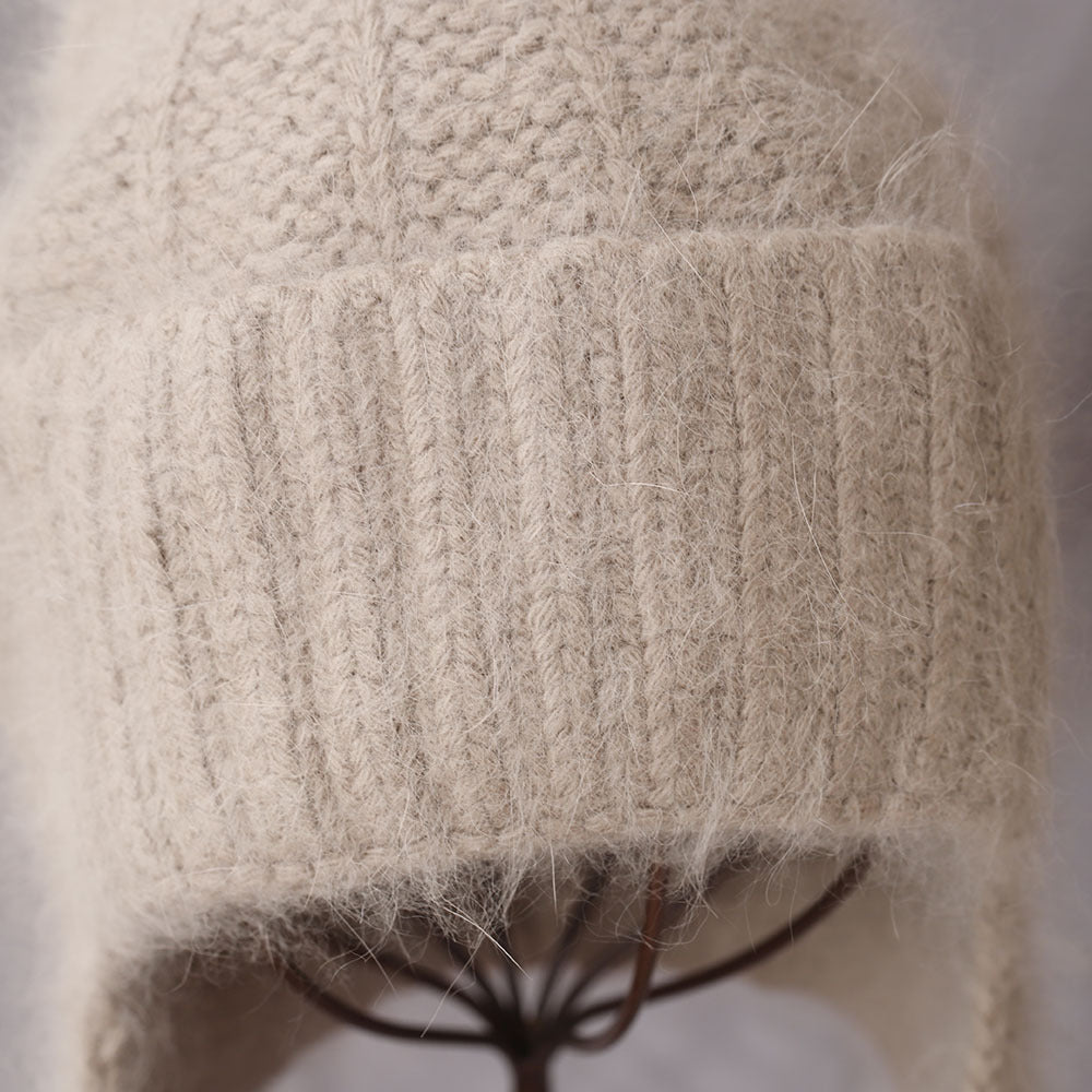 Fuzzy Angora Rabbit Fur Earflap Knit Beanie 6W6HAT691