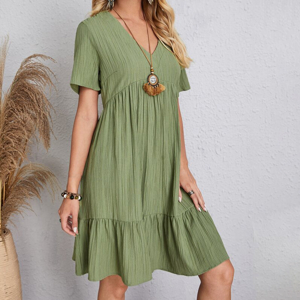 V-Neck Solid Color Short Sleeves Mini Dress DP25B840