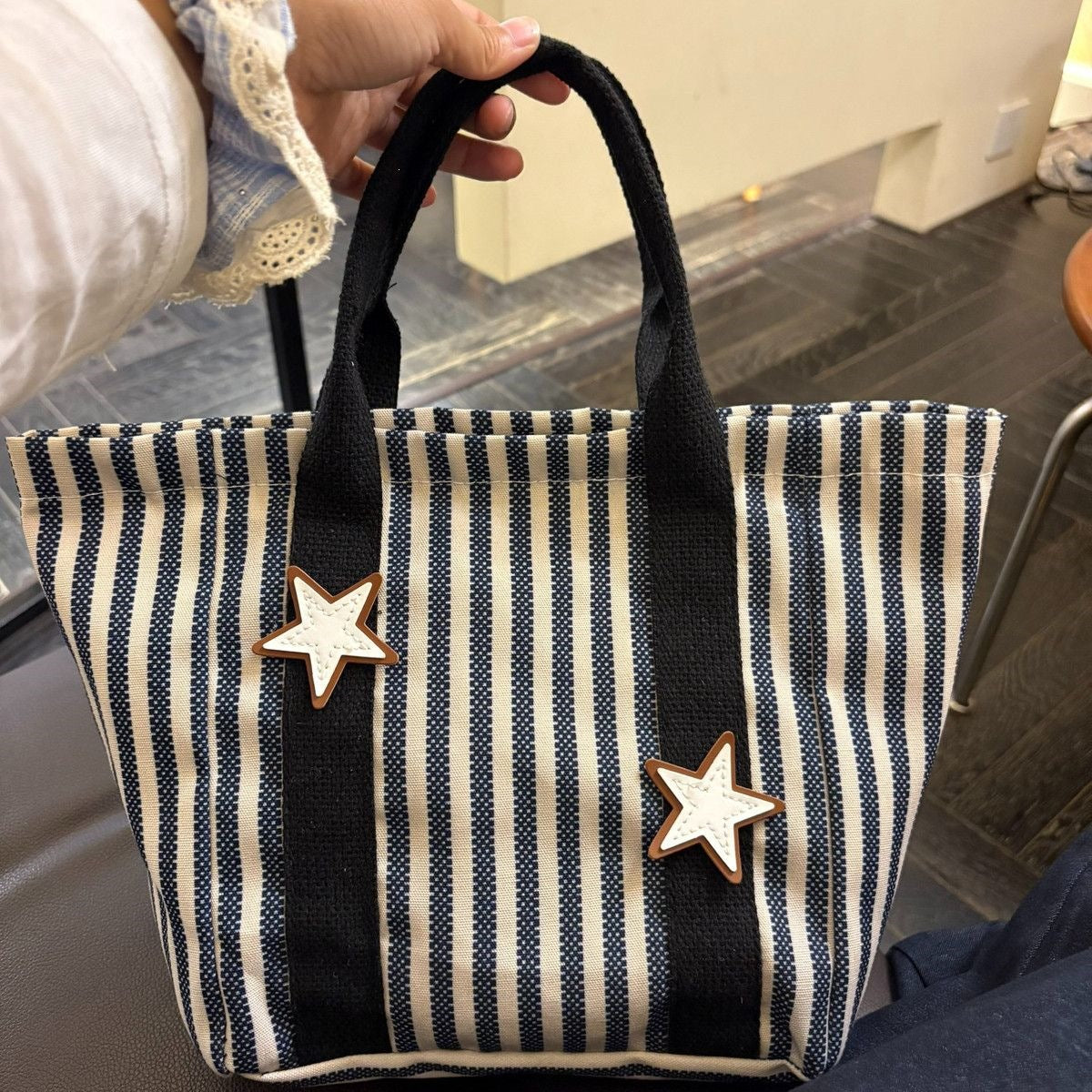 Color Block Striped Canvas Large Capacity Tote Bag 6W10BBG1936