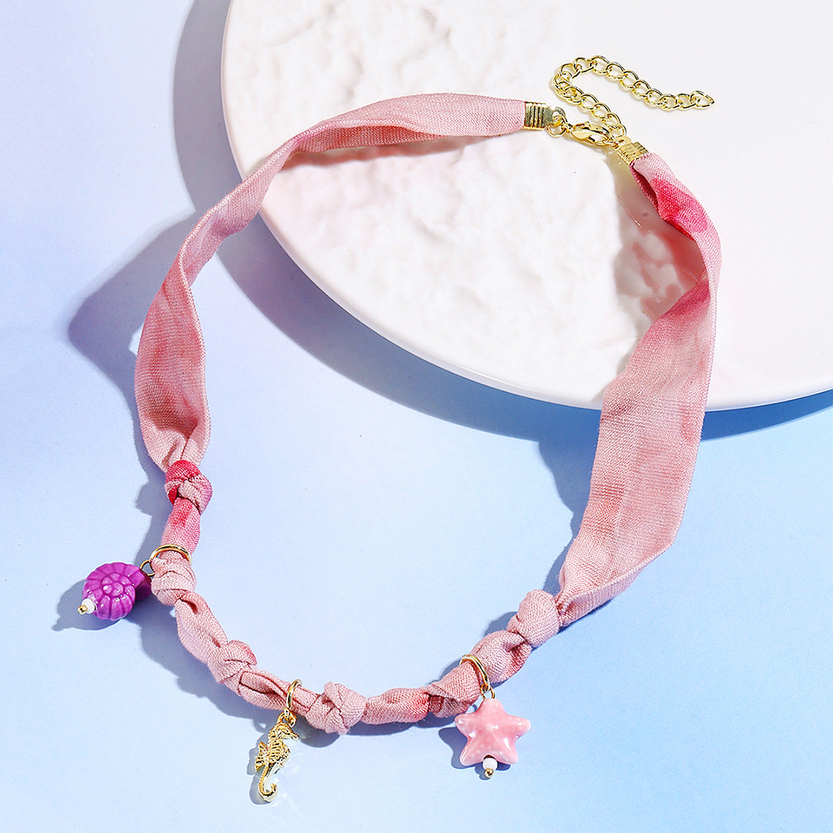 Elegant Shell Starfish Pendant Silk Scarf Necklace 6W6JNC1006