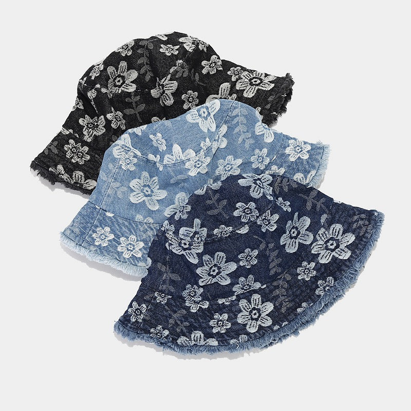 Trendy Floral Print Frayed Denim Bucket Hat MK2BW6W6HAT69