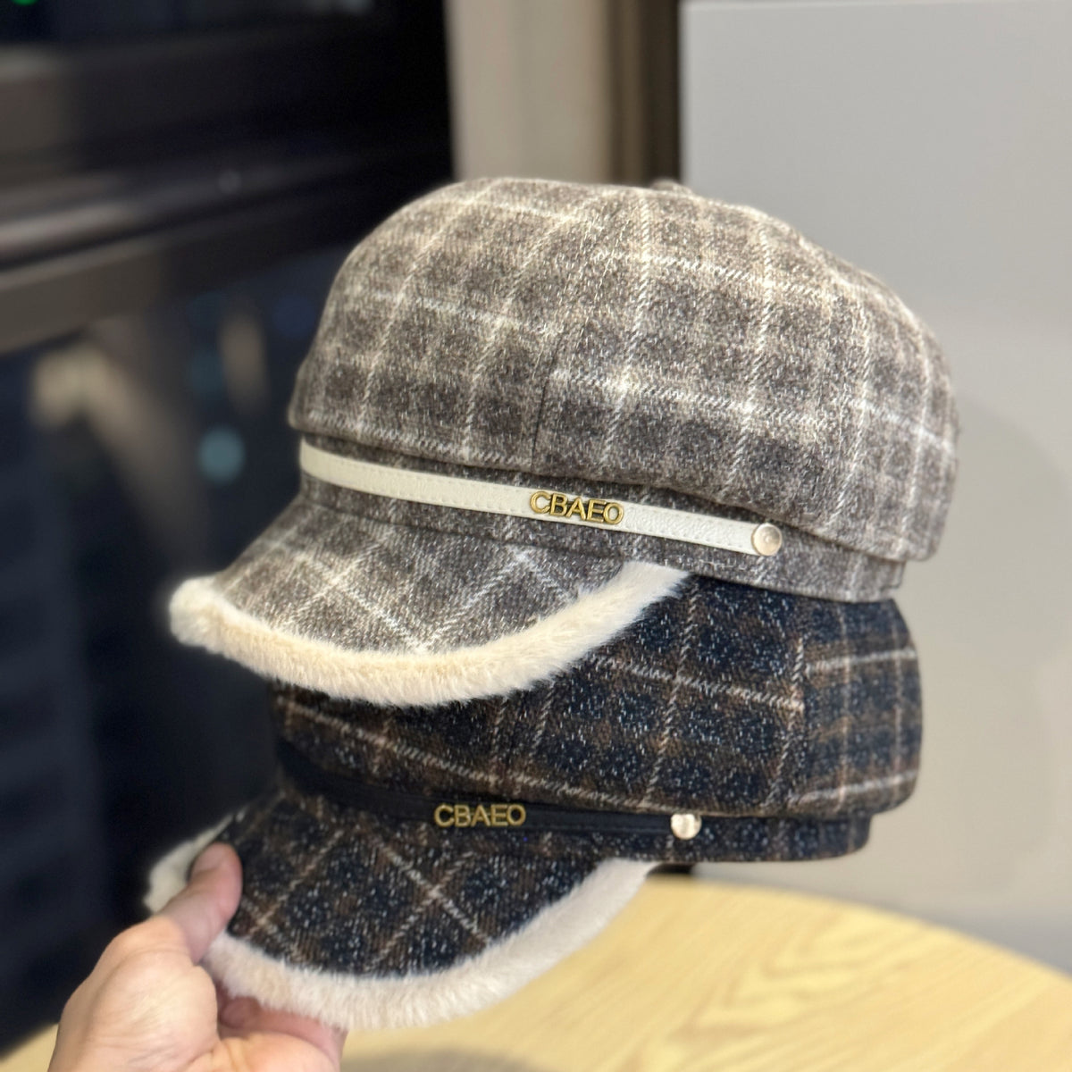 Fur Trimmed Plaid Beret - DippedShop Wholesale - #1411