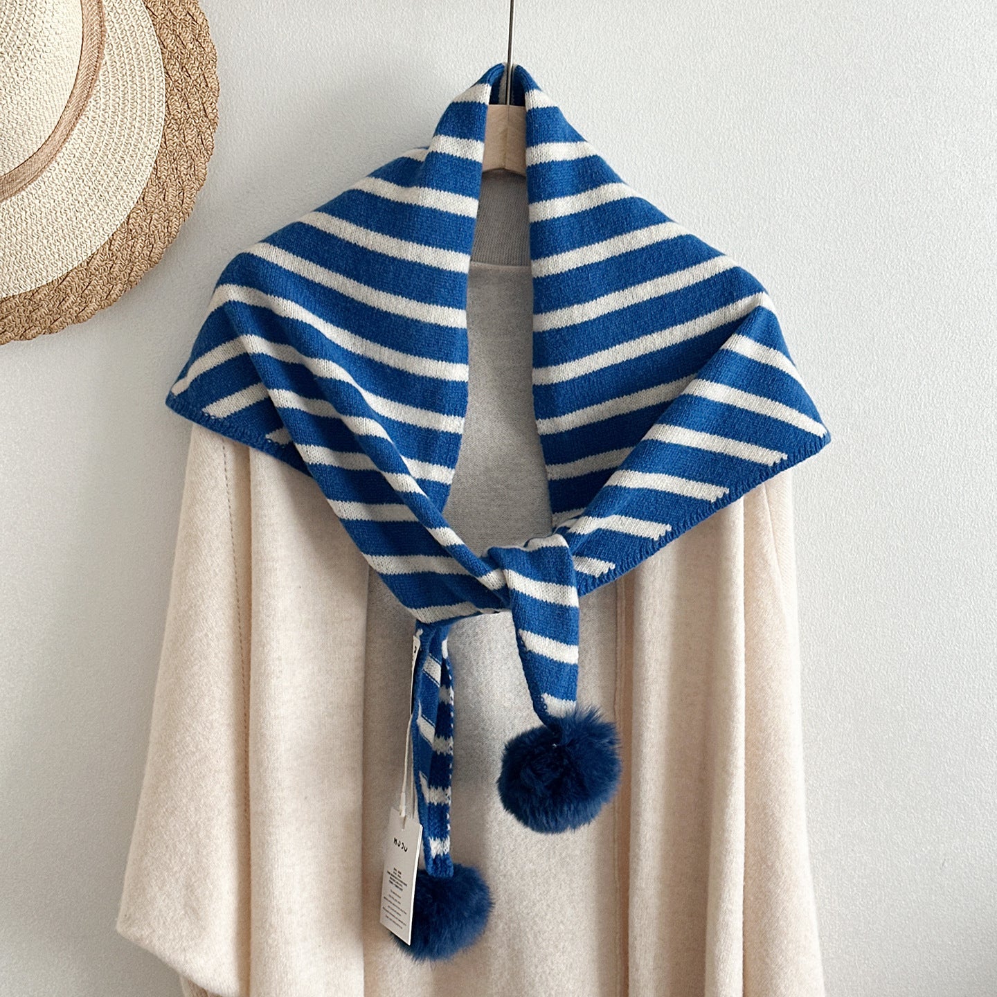 Cute Pom Striped Triangle Shawl Knit Scarf 6W6NSC98