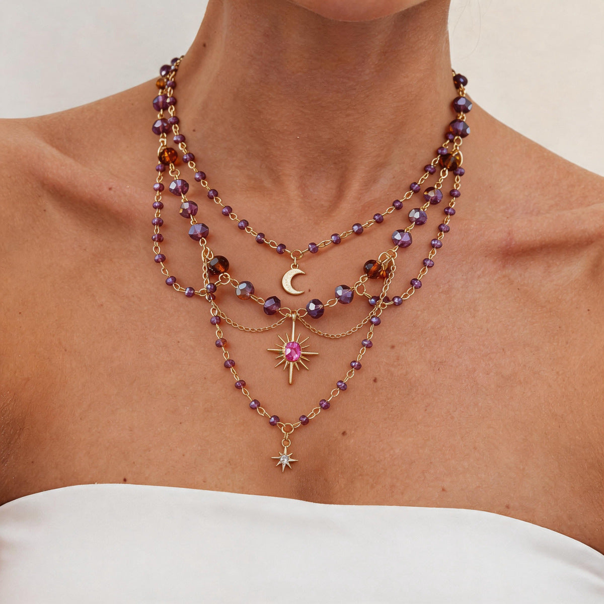 Vintage Starburst Multi-Layered Crystal Beaded Necklace 6W6JNC1065