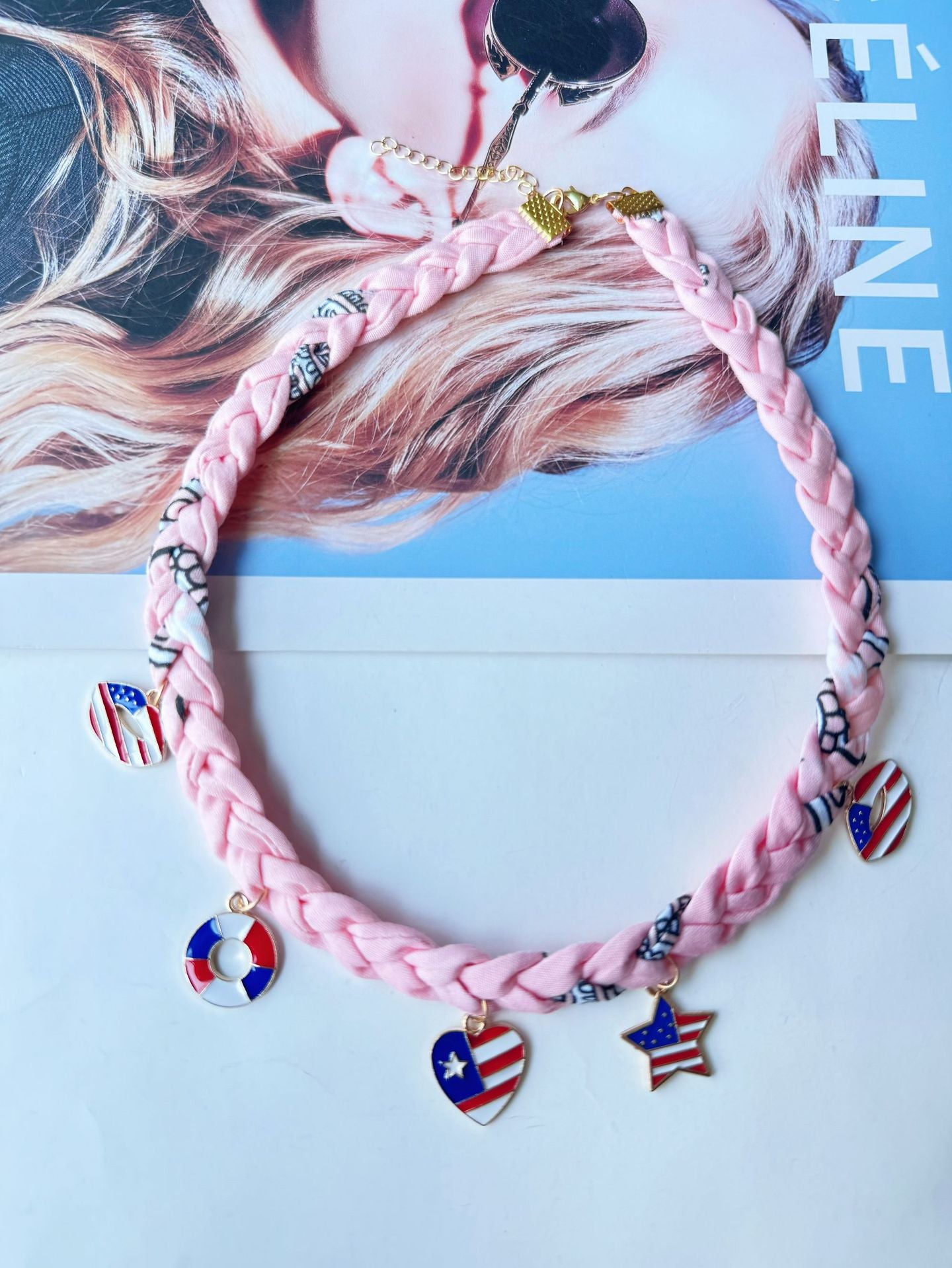 Hand Woven USA Flag Umbrella Pendant Choker Necklace 8ZA6JNC287T