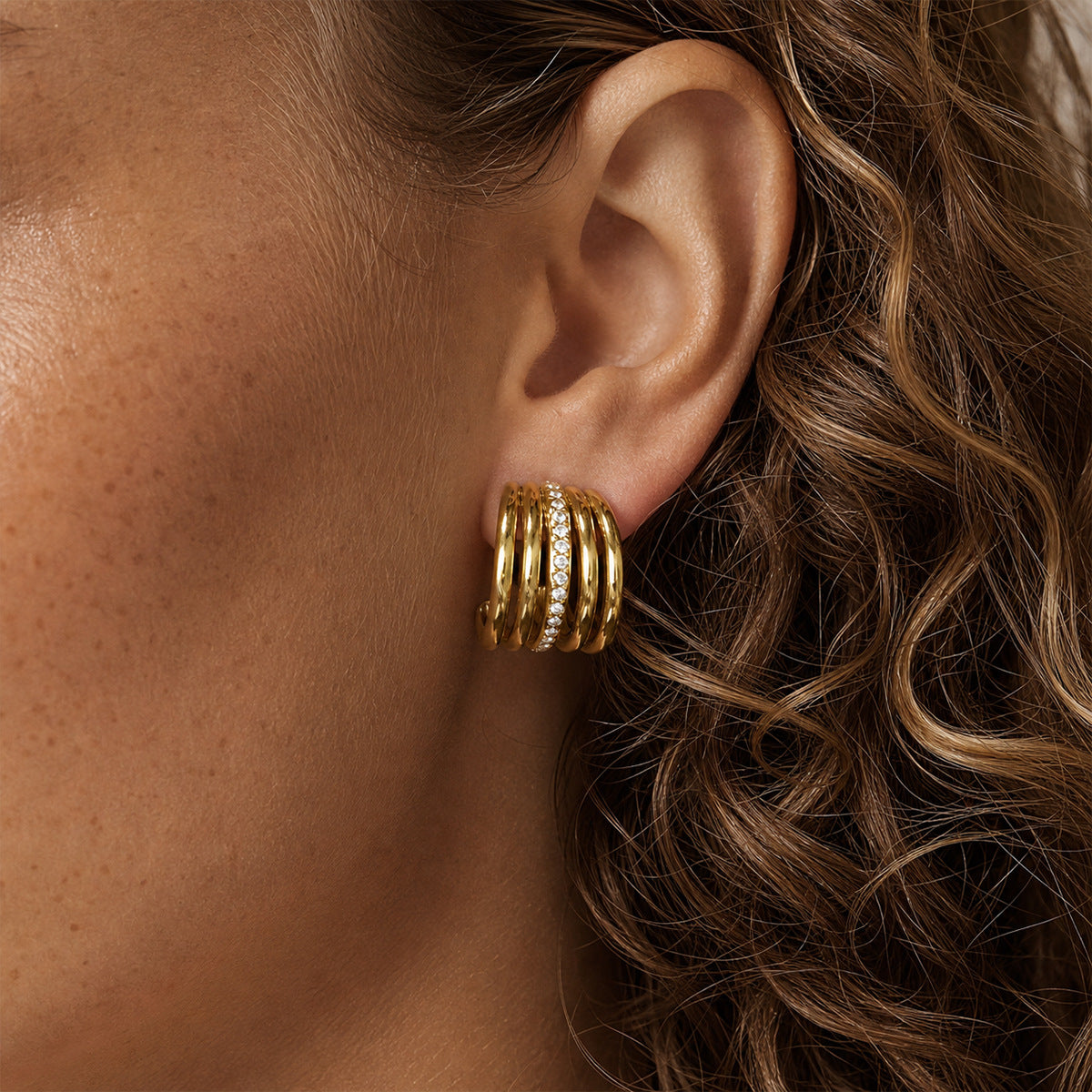 Trendy Gold Rhinestone C-Shaped Hoop Earrings 6W6JER612