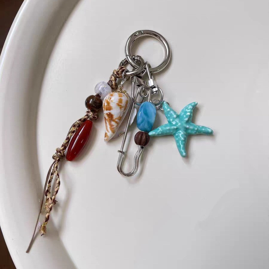 Vintage Beaded Starfish Pendant Keychain Bag Charm 6W10BBC347