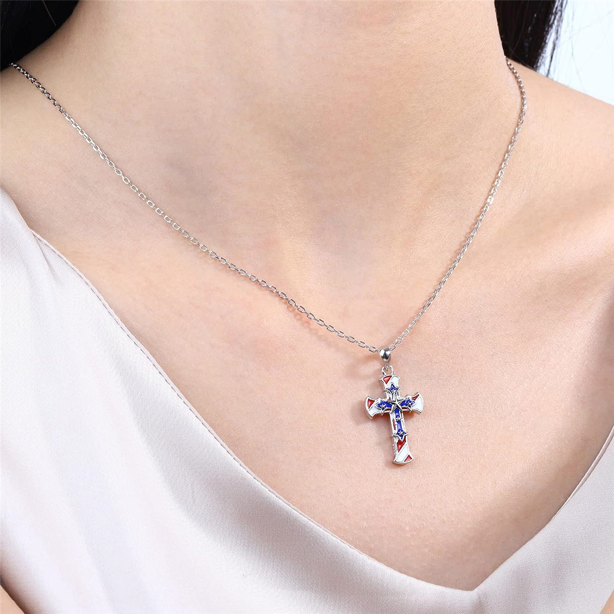 Trendy USA Flag Cross Pendant Choker Necklace 8ZA6JNC294L