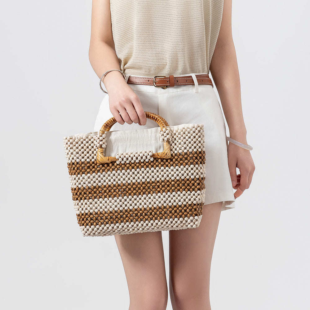 Retro Wood Bead Large Capacity Woven Tote Bag 6W10BBG1411