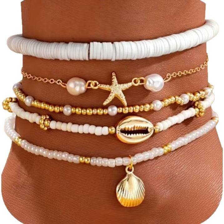 Stylish Pearl Bead Chain Shell Pendant Anklet 8ZA6JAB40L