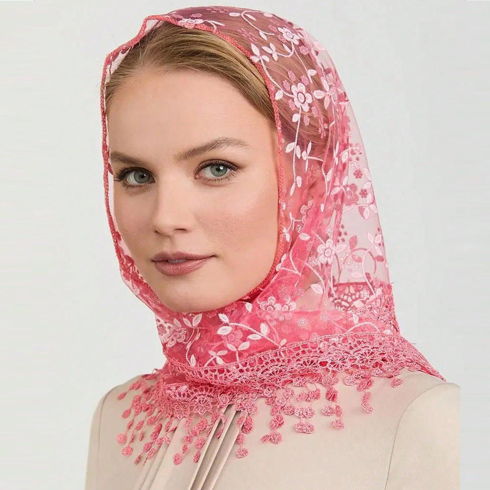 Solid Color Floral Lace Triangle Veil Head Scarf MK2BK6W6HHS23